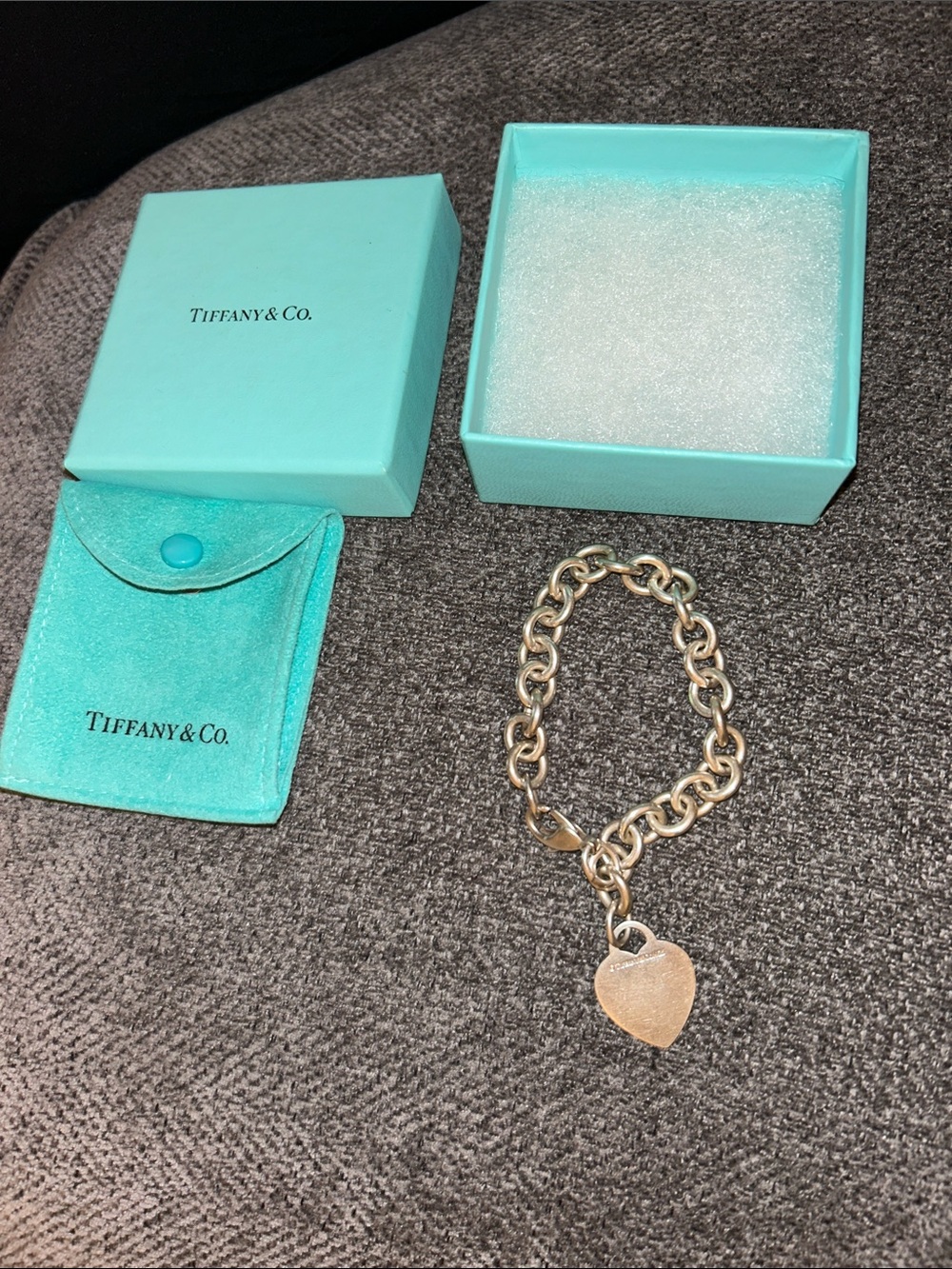 Tiffany & Co. Silver Heart Charm Link Bracelet with Blue Box